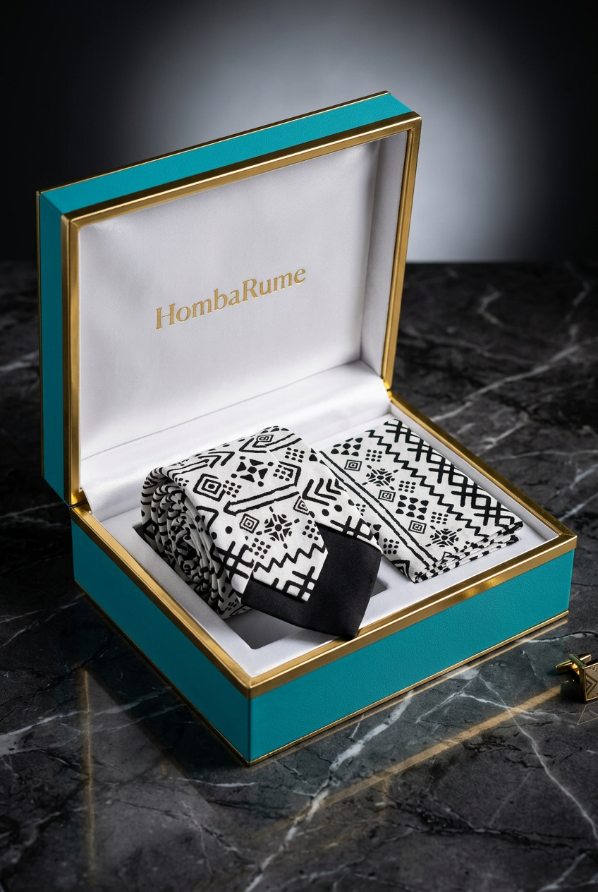 HombaRume African Geometric Silk Tie & Pocket Square Gift Set – Luxury Holiday Box (Assorted Prints)