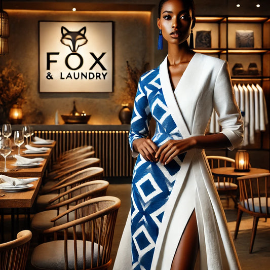 Fox & Laundry Chic White Organic Linen/ Scuba with Blue Zimbabwean Retso Fabric