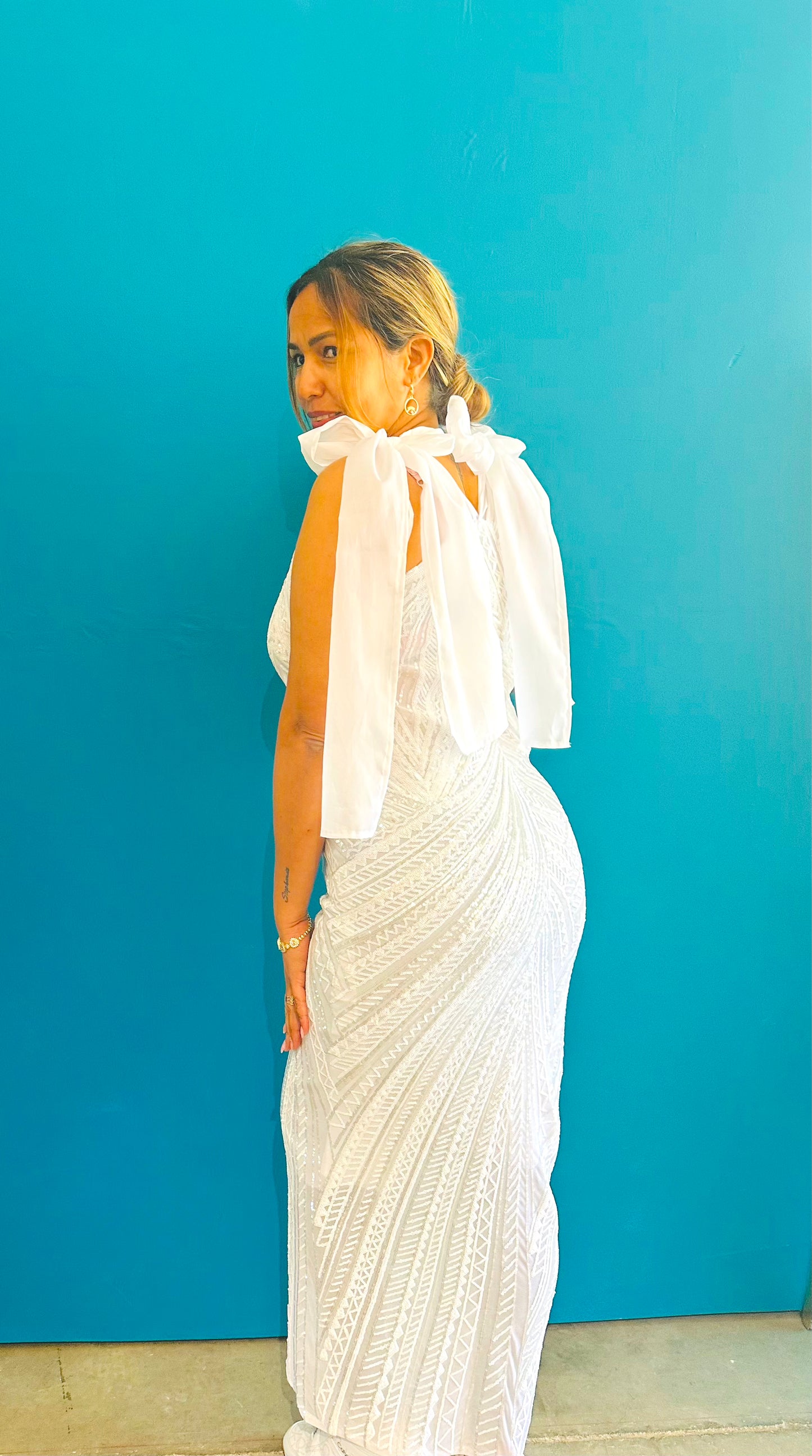 2 tie White evening gown