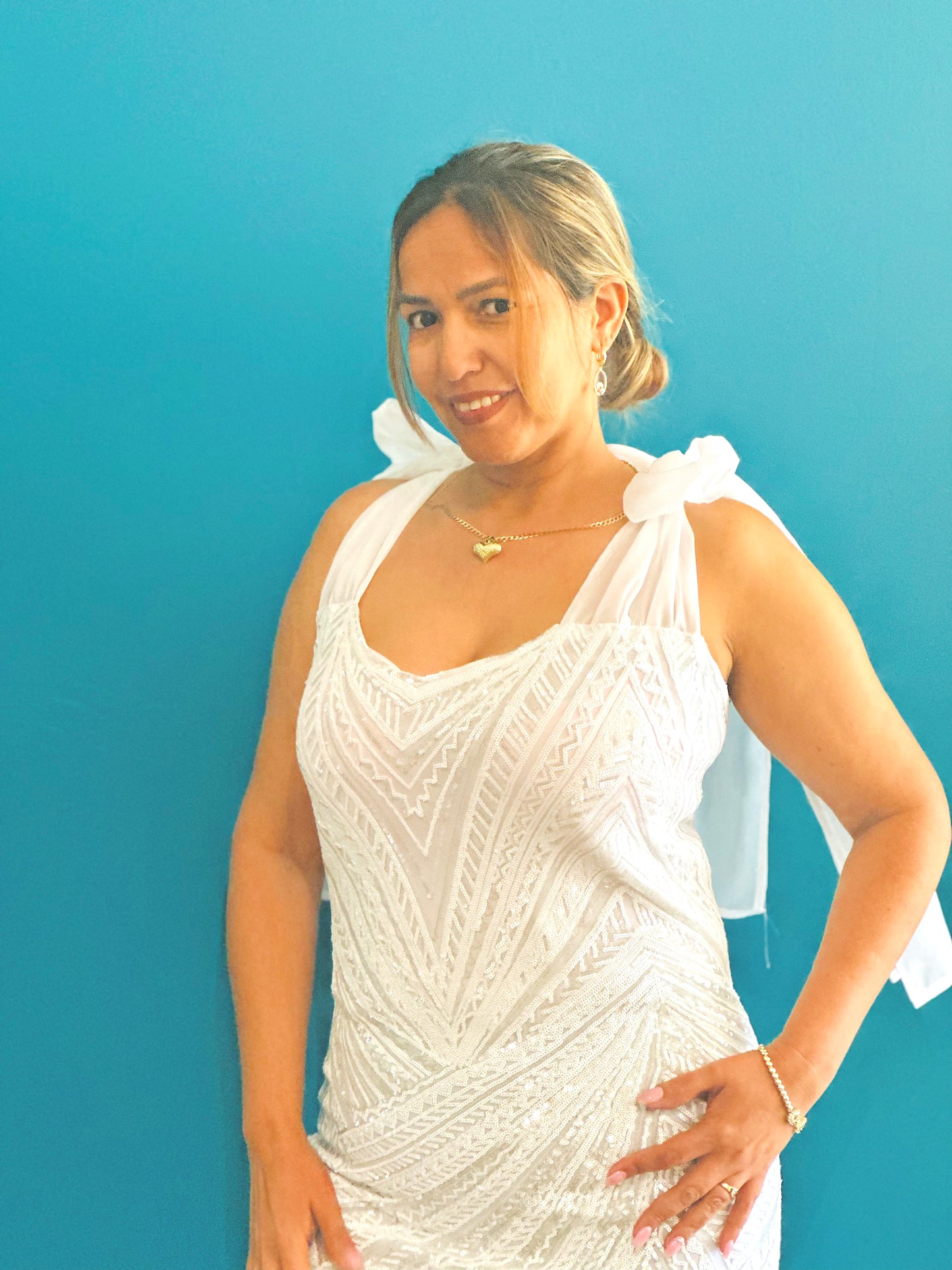 2 tie White evening gown
