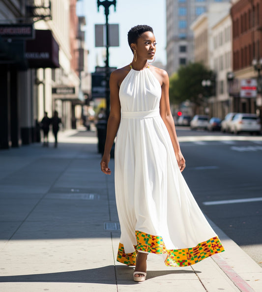 White Scuba and Kente trim long sun dress