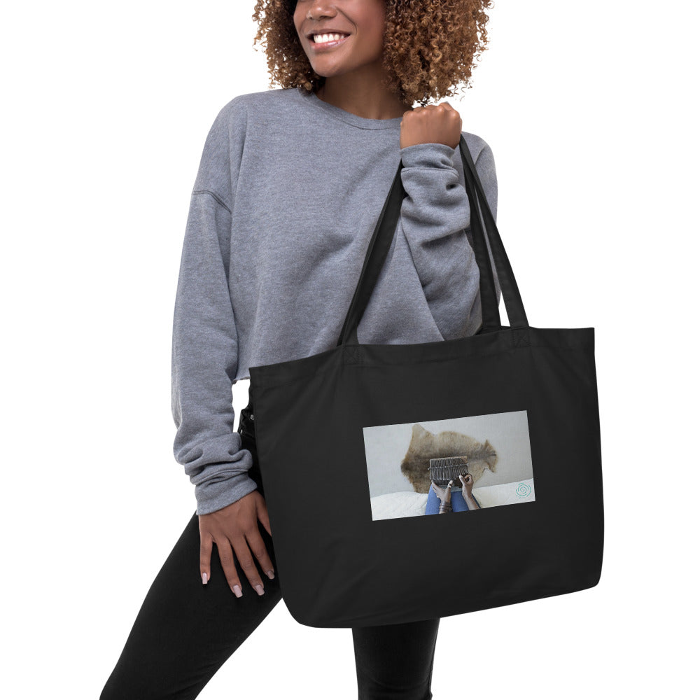 Large organic tote bag with mbira hands & dehwe/hide