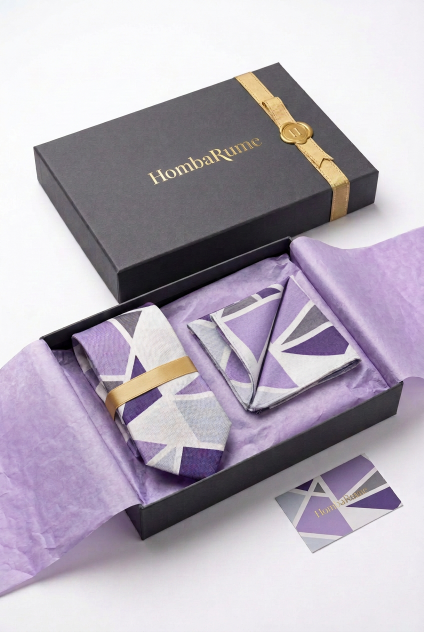HombaRume Geometric Tie & Pocket Square Set in Lavender & Gray – Luxury Gift Box by Ne Ndoro