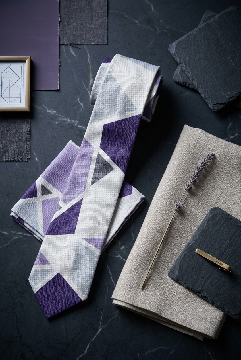 HombaRume Geometric Tie & Pocket Square Set in Lavender & Gray – Luxury Gift Box by Ne Ndoro