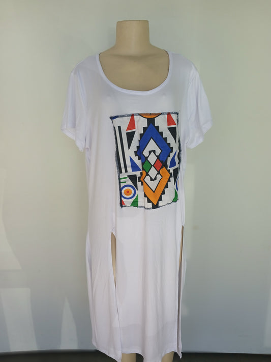 White casual cotton & Ndebele fabric dress