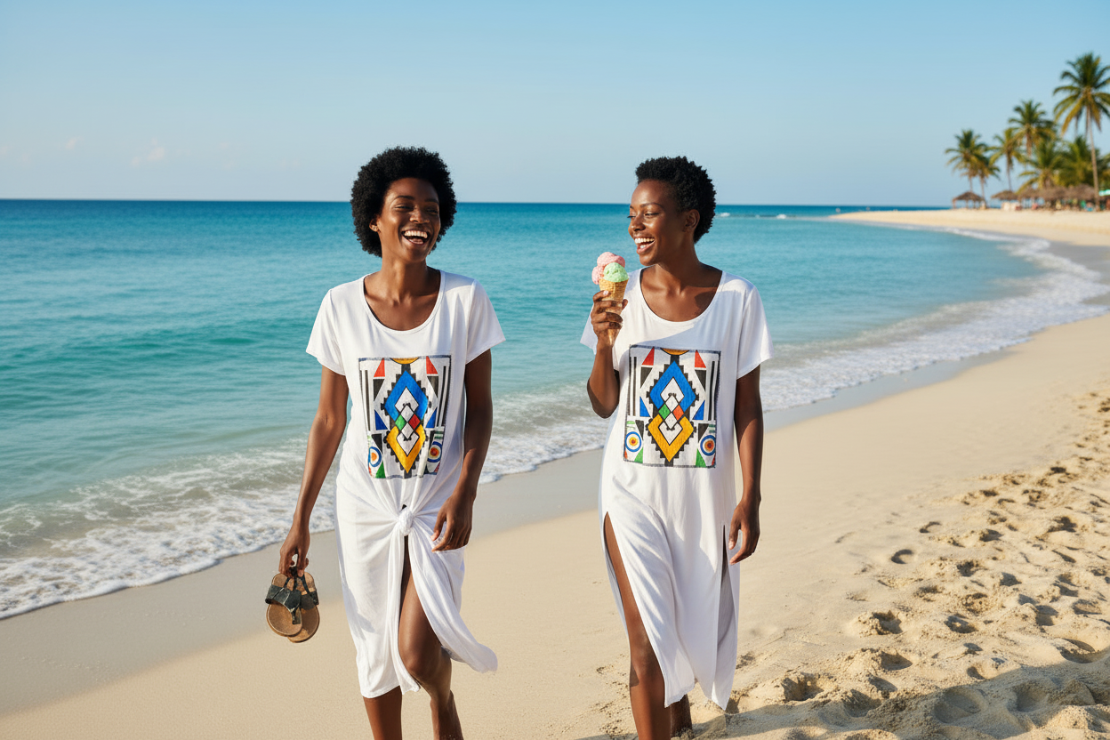 White casual cotton & Ndebele fabric t-shirt dress