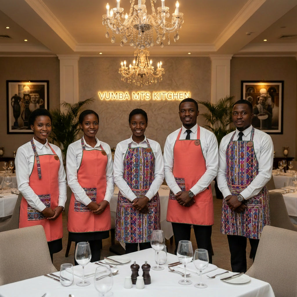 Reversible print fabric apron (Ndebele & Solid Salmon)