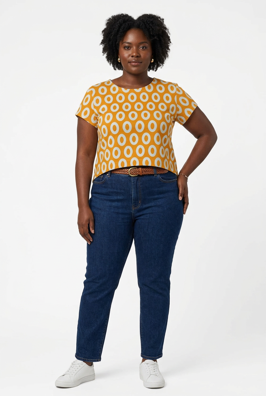 Mochi Cotton/Linen Canvas Shaper Top – Loop Dots Print – Shaper tops in Graphite / Sunset / Denim blue & also Maternity-Friendly