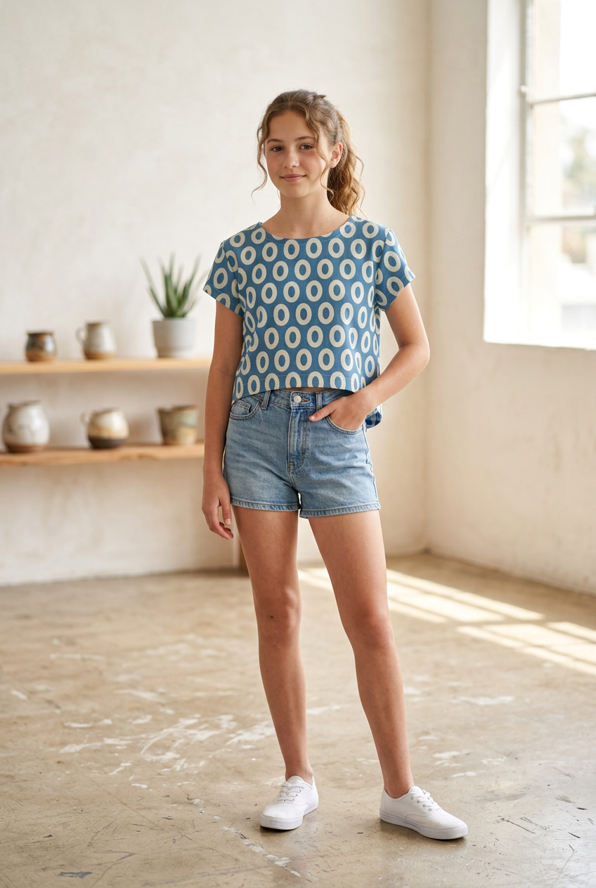 Mochi Cotton/Linen Canvas Shaper Top – Loop Dots Print – Shaper tops in Graphite / Sunset / Denim blue & also Maternity-Friendly