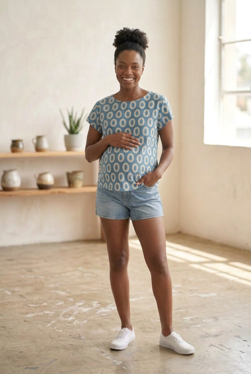 Mochi Cotton/Linen Canvas Shaper Top – Loop Dots Print – Shaper tops in Graphite / Sunset / Denim blue & also Maternity-Friendly