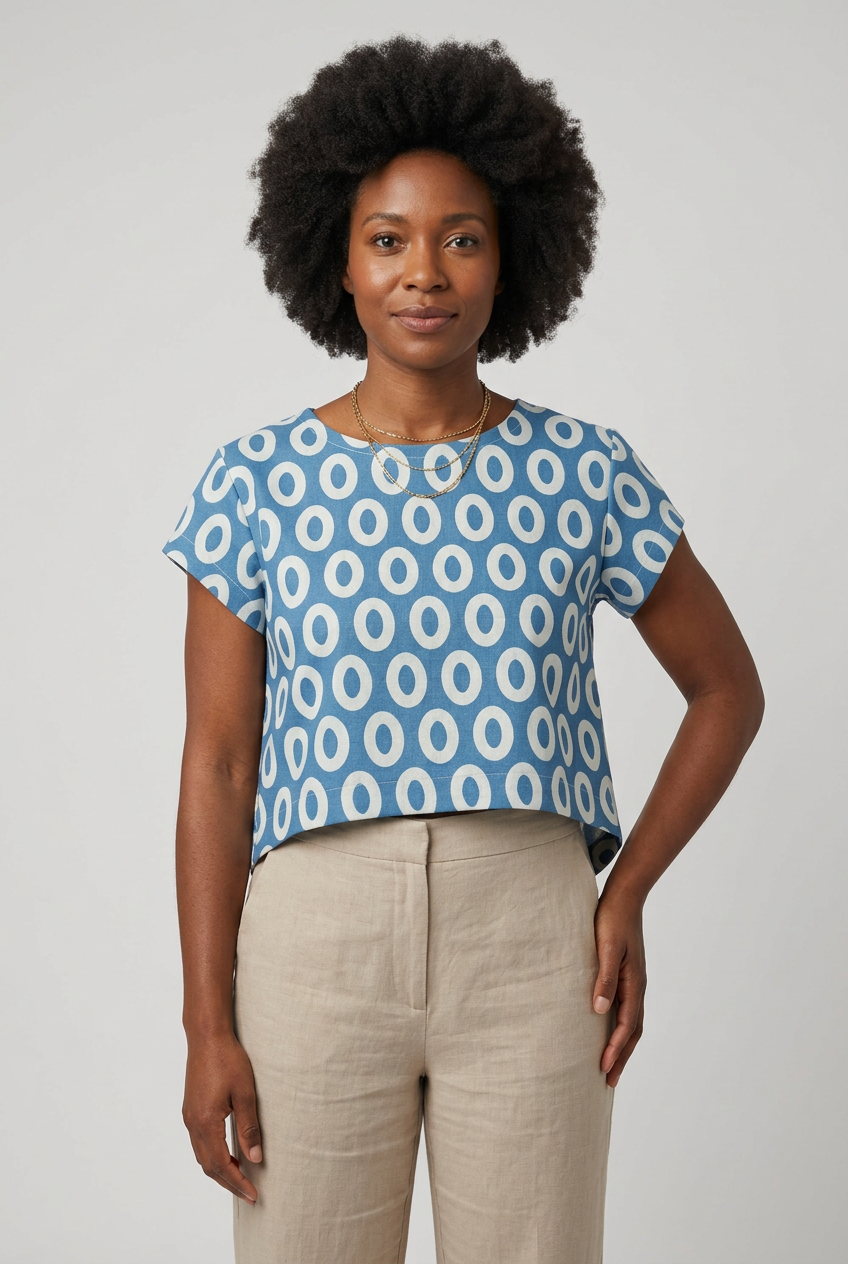 Mochi Cotton/Linen Canvas Shaper Top – Loop Dots Print – Shaper tops in Graphite / Sunset / Denim blue & also Maternity-Friendly
