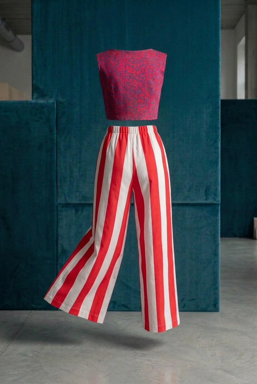 Texture of red and white recycled canvas pants waist 32 inches