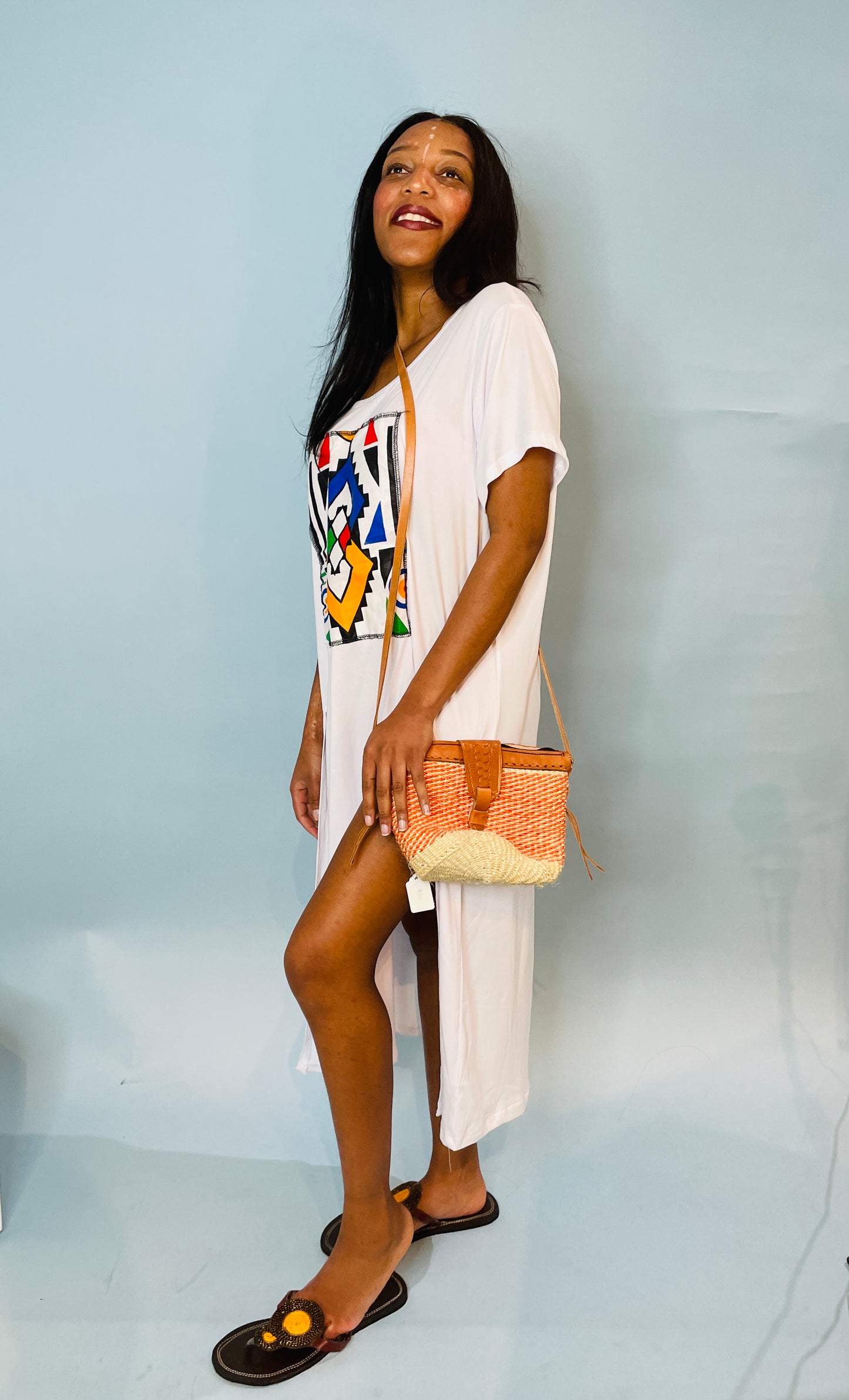 White casual cotton & Ndebele fabric t-shirt dress