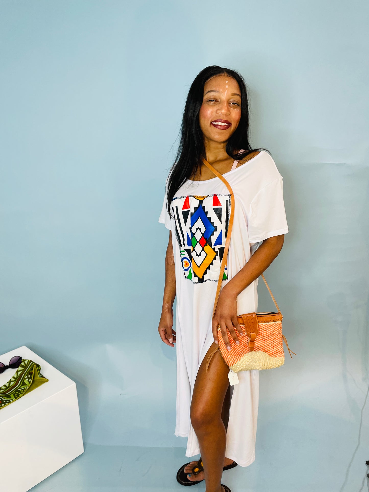 White casual cotton & Ndebele fabric t-shirt dress