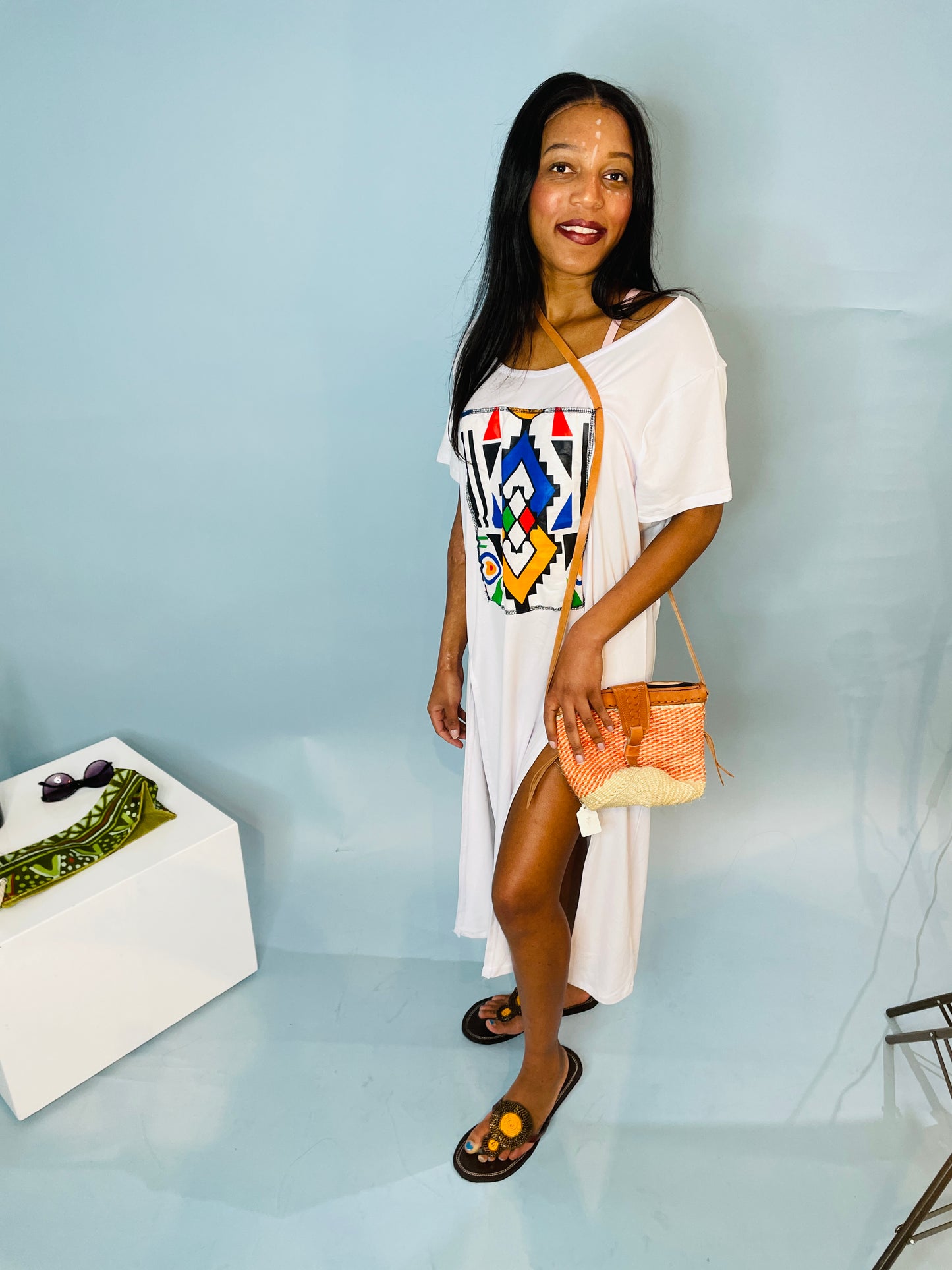 White casual cotton & Ndebele fabric t-shirt dress