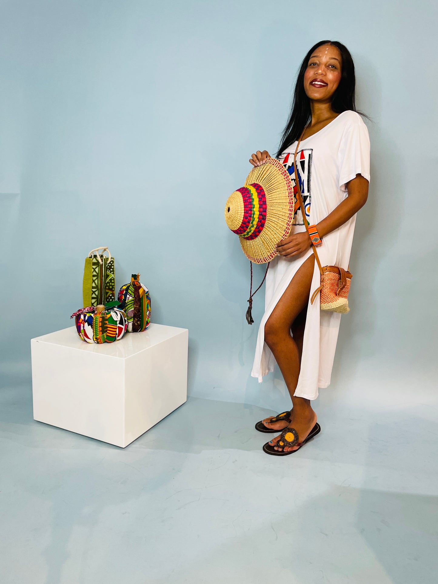 White casual cotton & Ndebele fabric t-shirt dress