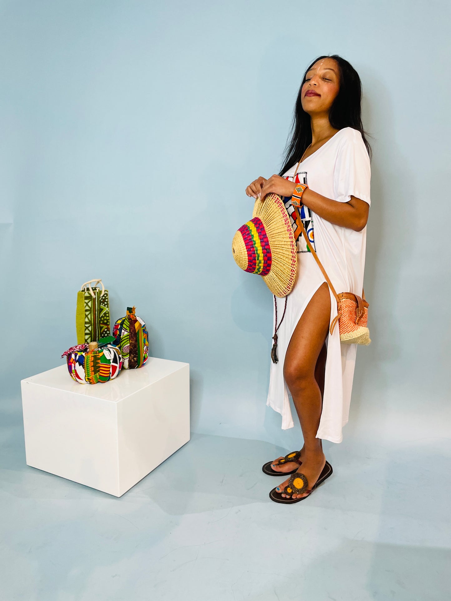 White casual cotton & Ndebele fabric t-shirt dress