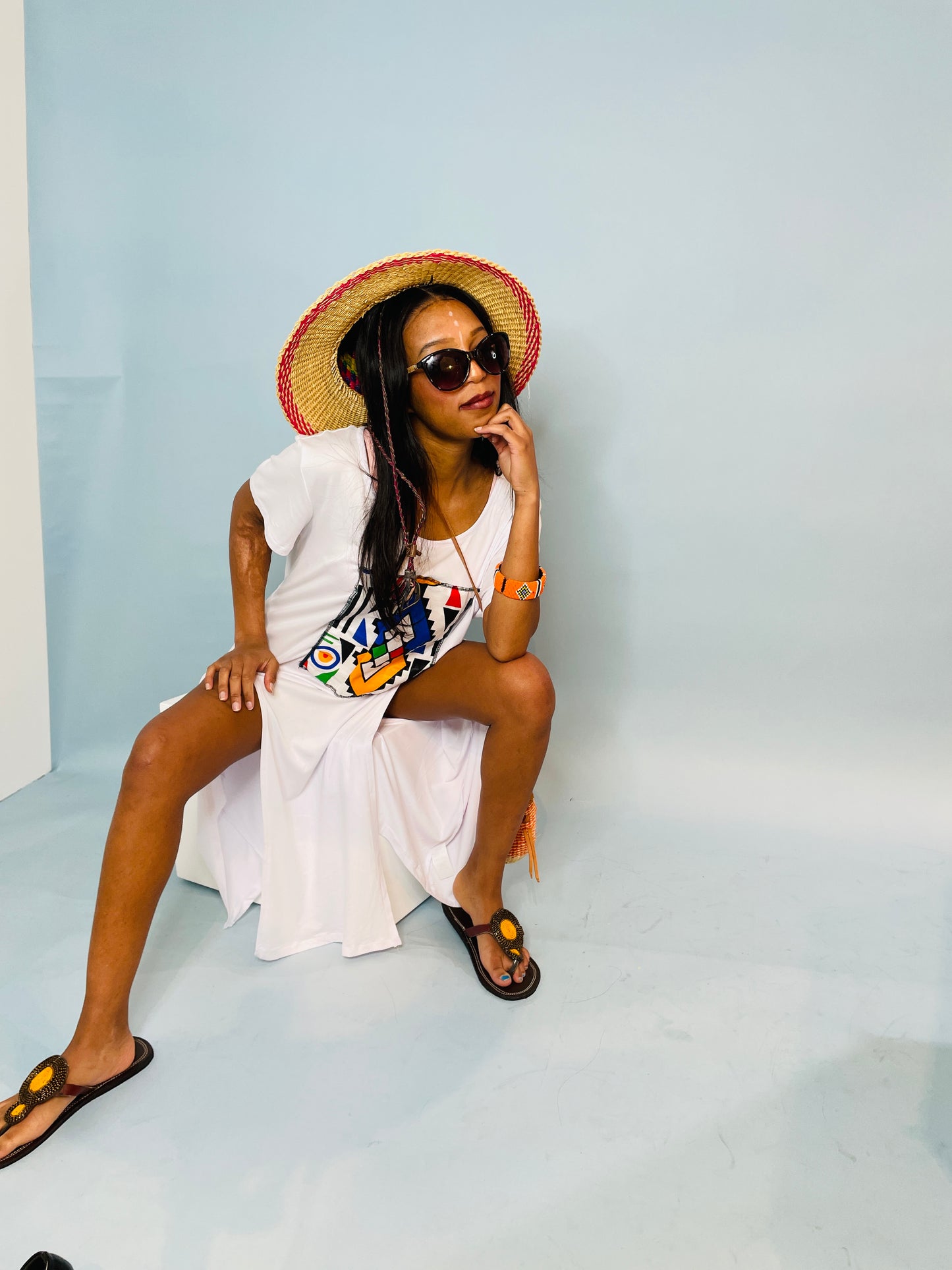 White casual cotton & Ndebele fabric t-shirt dress