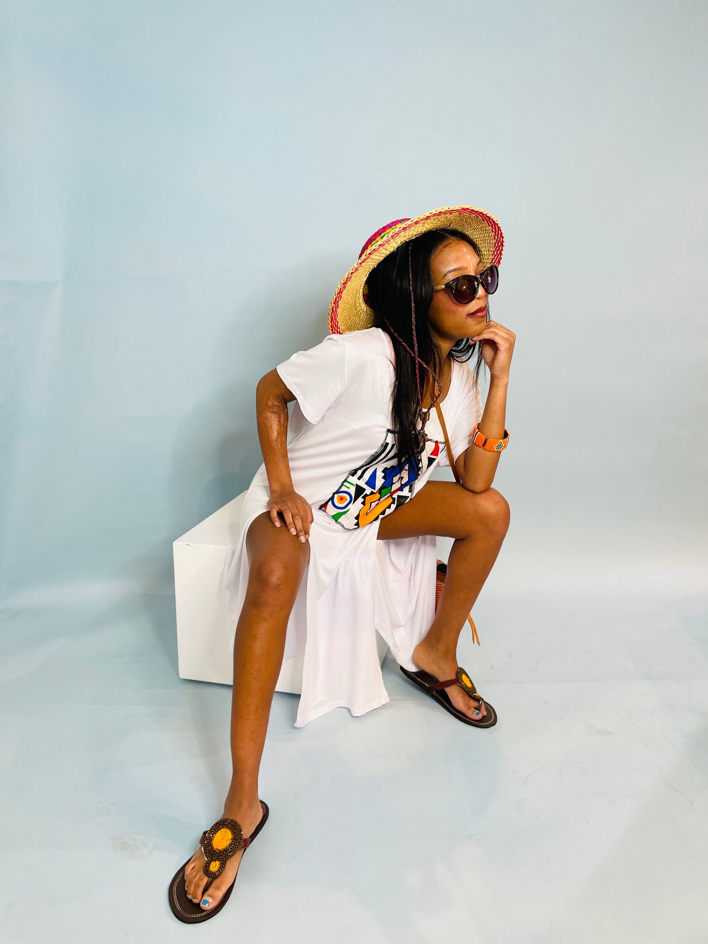 White casual cotton & Ndebele fabric t-shirt dress