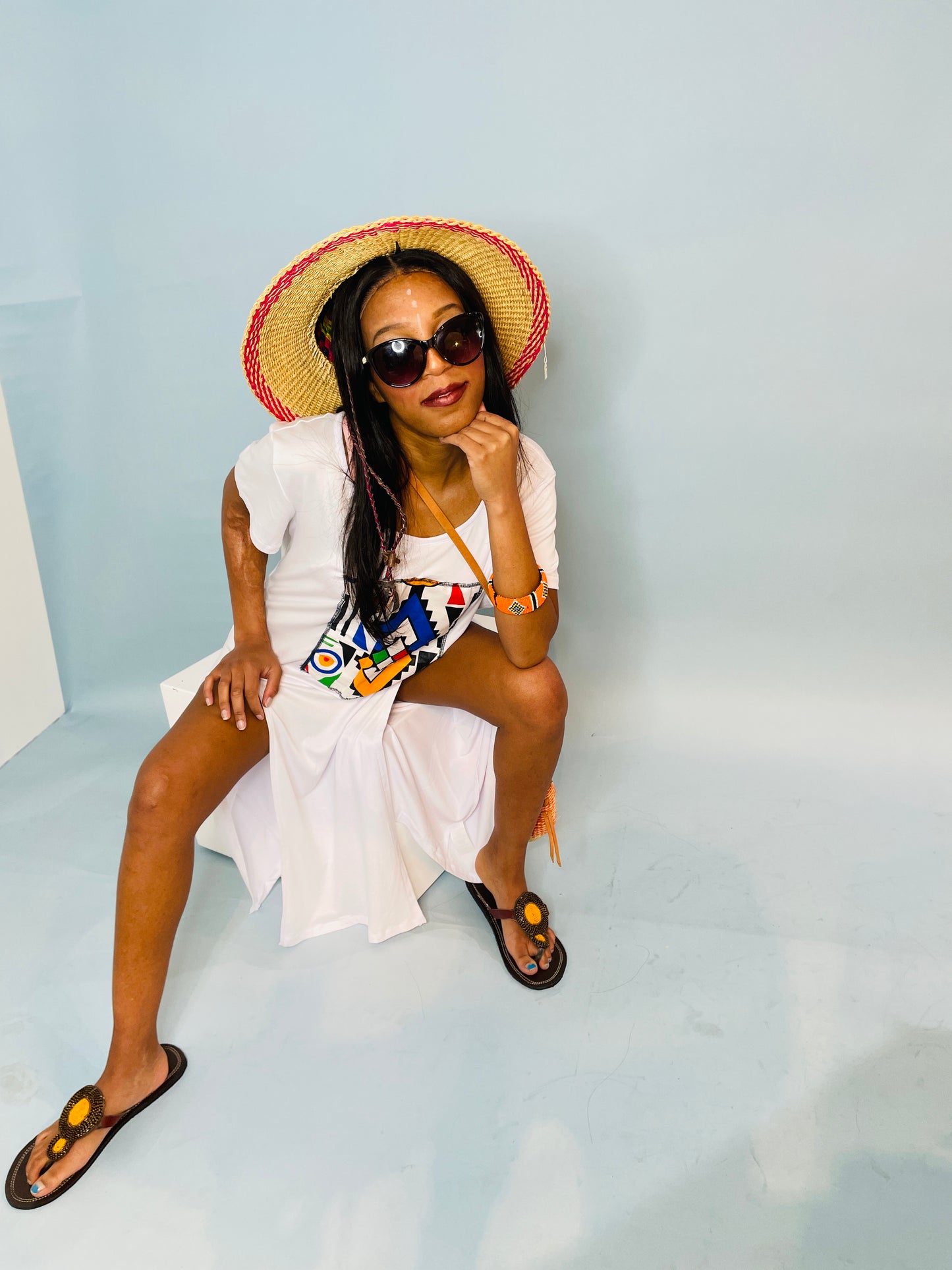 White casual cotton & Ndebele fabric t-shirt dress