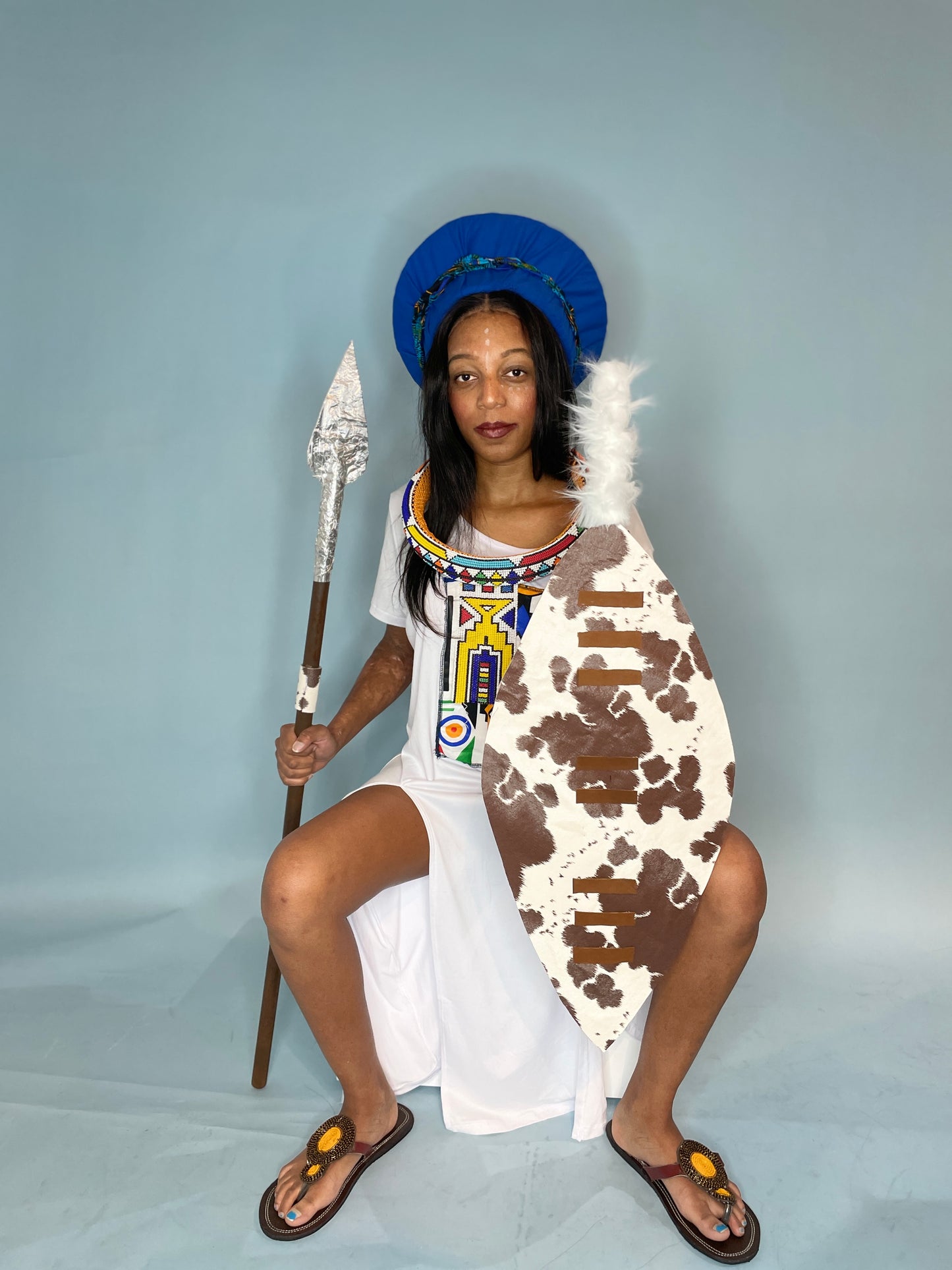 White casual cotton & Ndebele fabric t-shirt dress