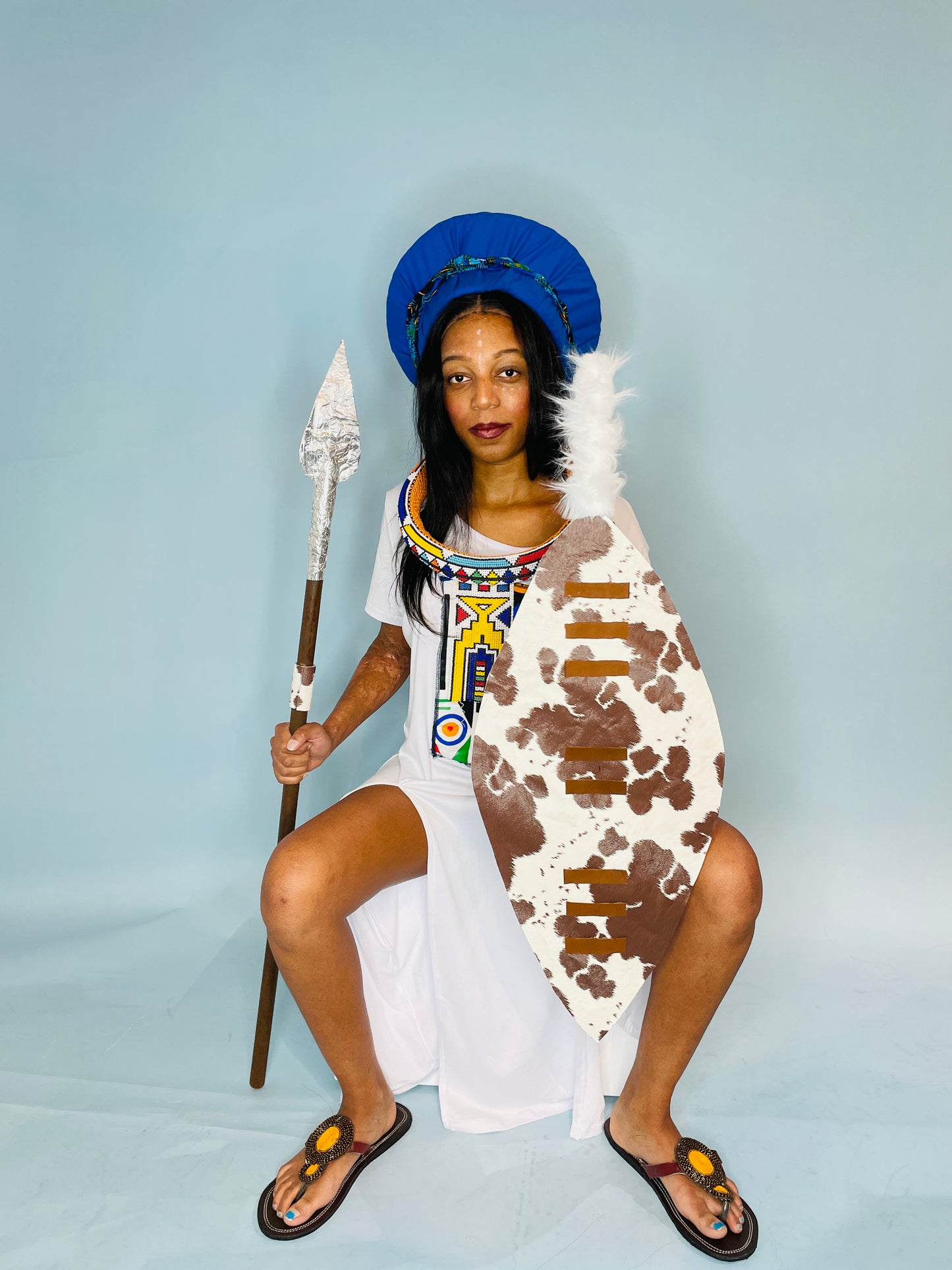 White casual cotton & Ndebele fabric t-shirt dress