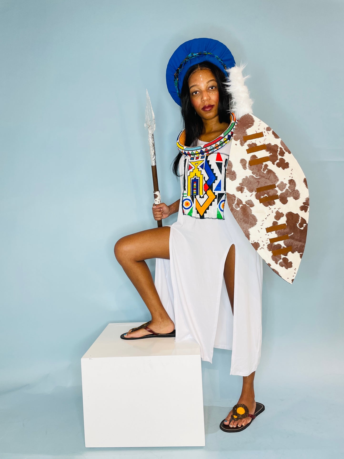 White casual cotton & Ndebele fabric t-shirt dress