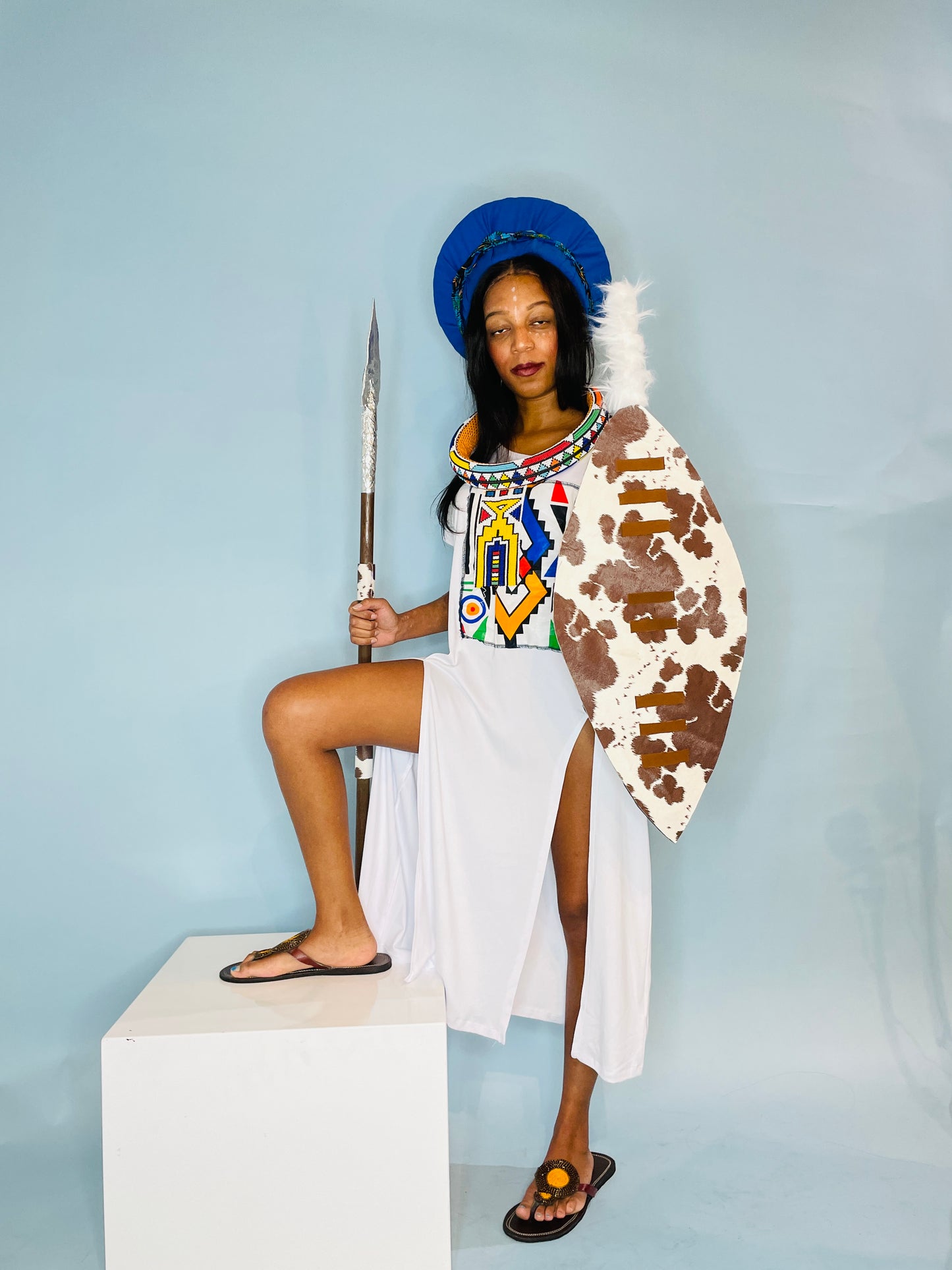 White casual cotton & Ndebele fabric t-shirt dress