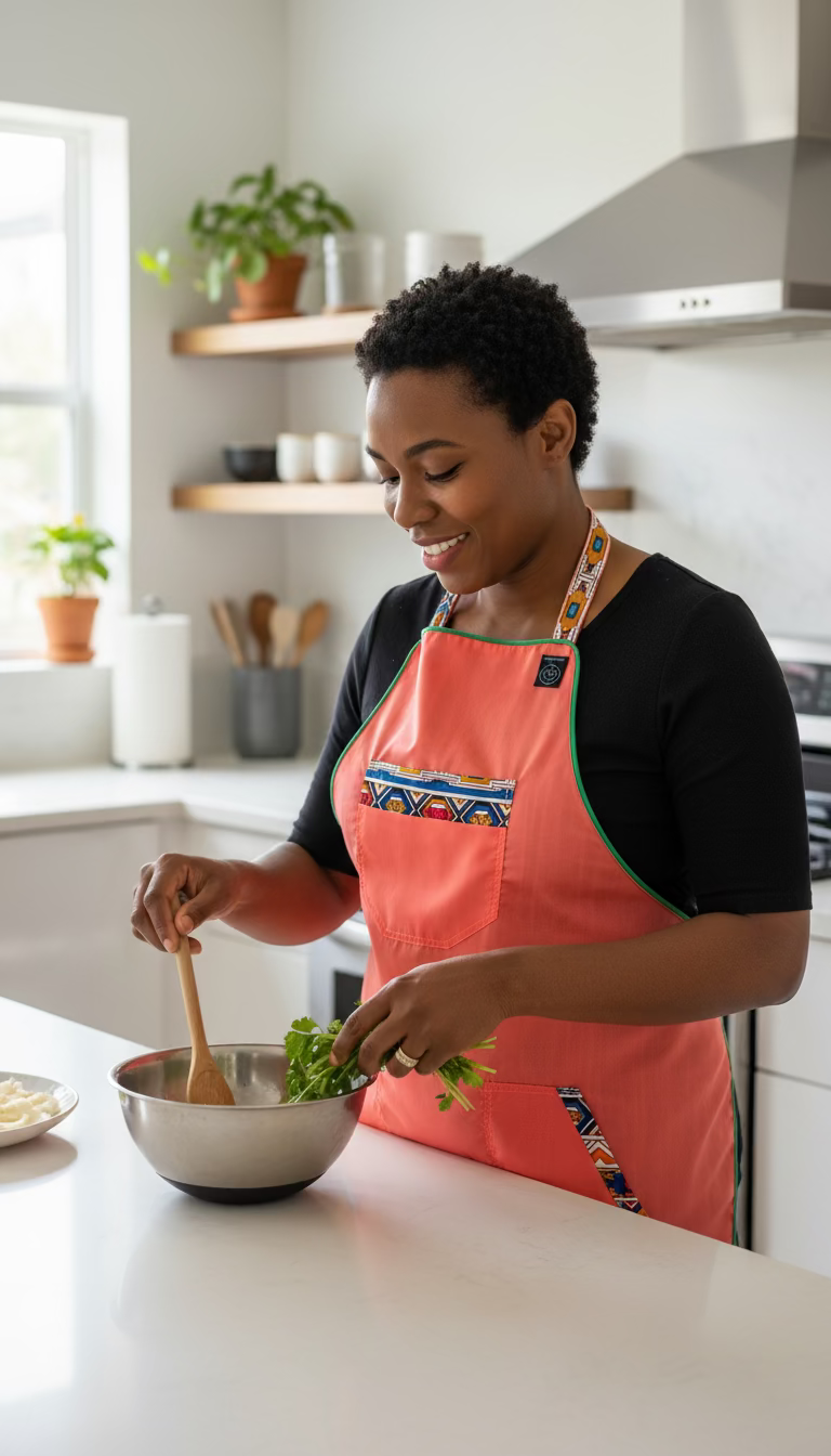 Reversible print fabric apron (Ndebele & Solid Salmon)