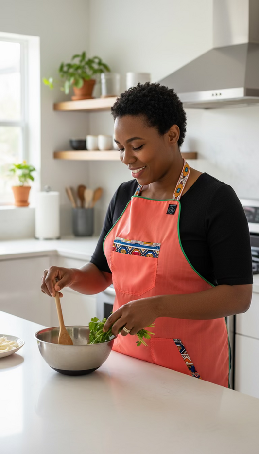 Reversible print fabric apron (Ndebele & Solid Salmon)
