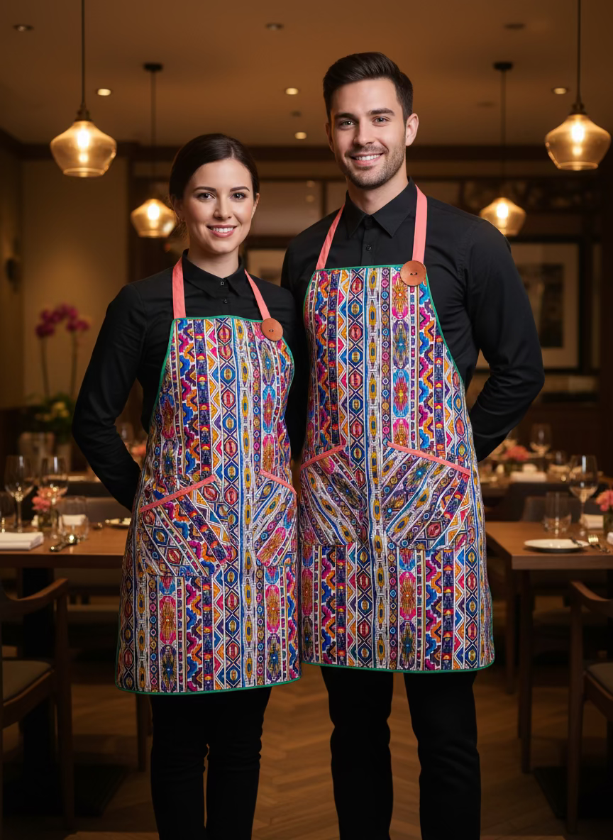 Reversible print fabric apron (Ndebele & Solid Salmon)