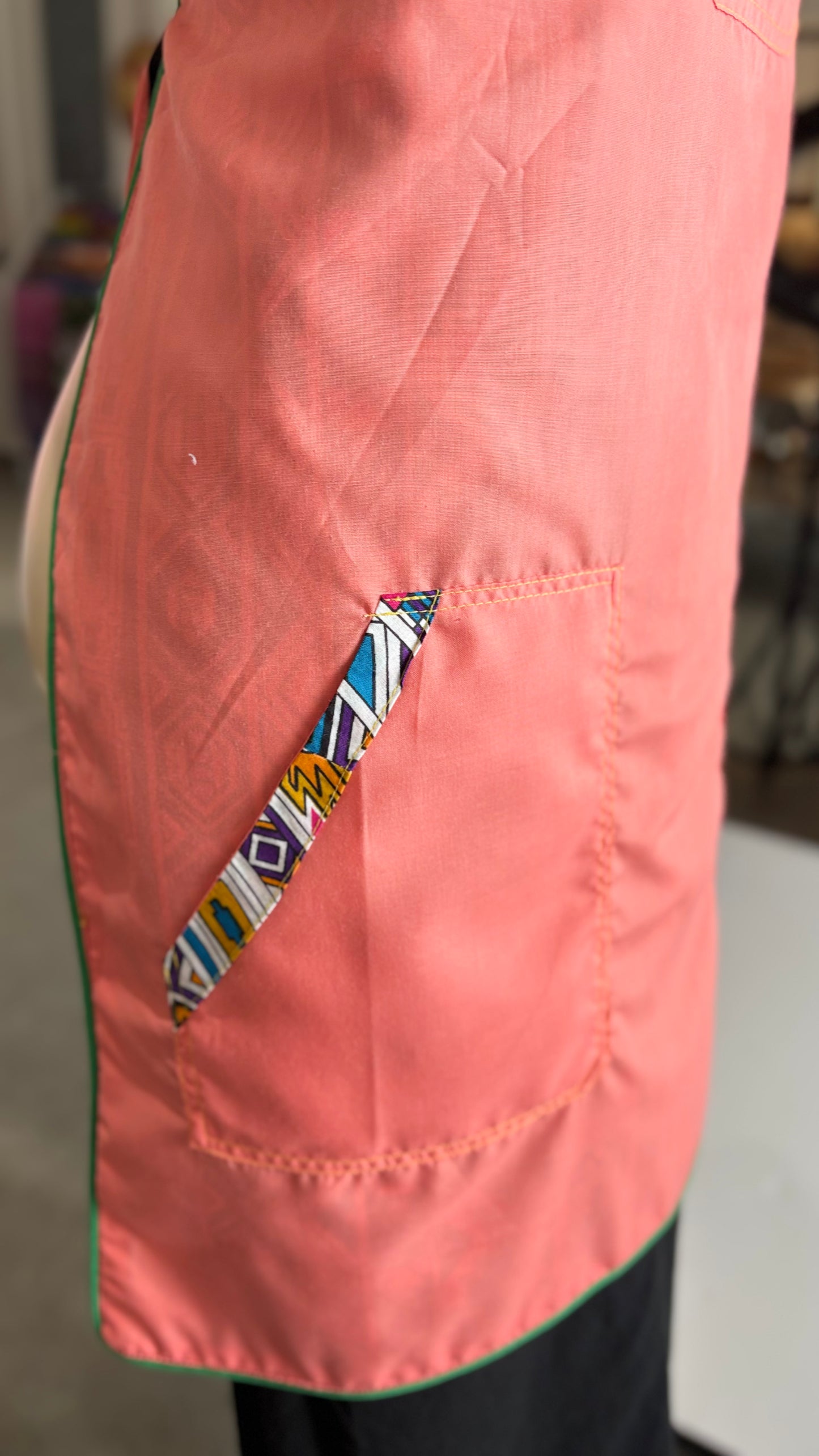 Reversible print fabric apron (Ndebele & Solid Salmon)