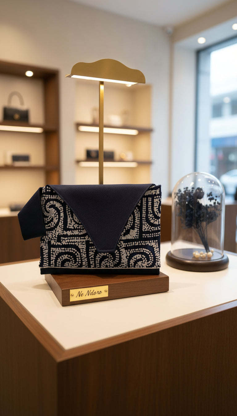 Decorative box with a pattern on a wooden stand in a store setting