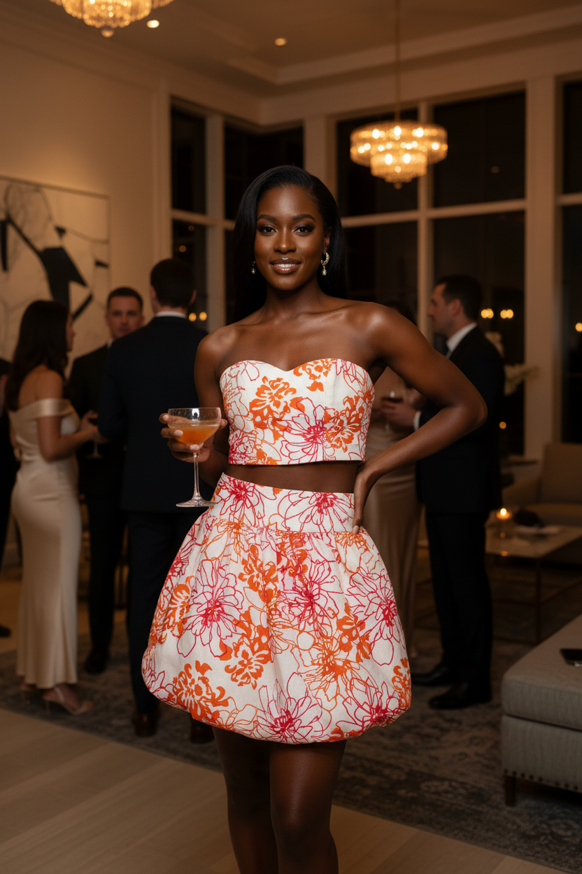 2 piece strapless top & bubble hem skirt