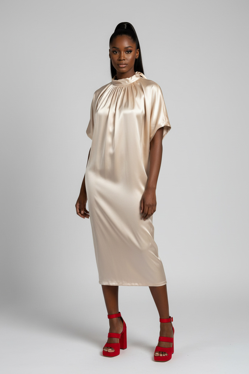 Cowled back neck T shaped satin knee length dress