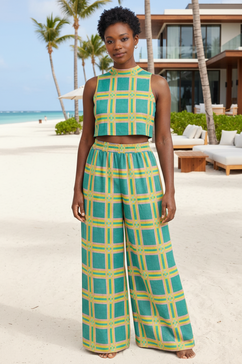 2 piece high neck crop top and palazzo pants