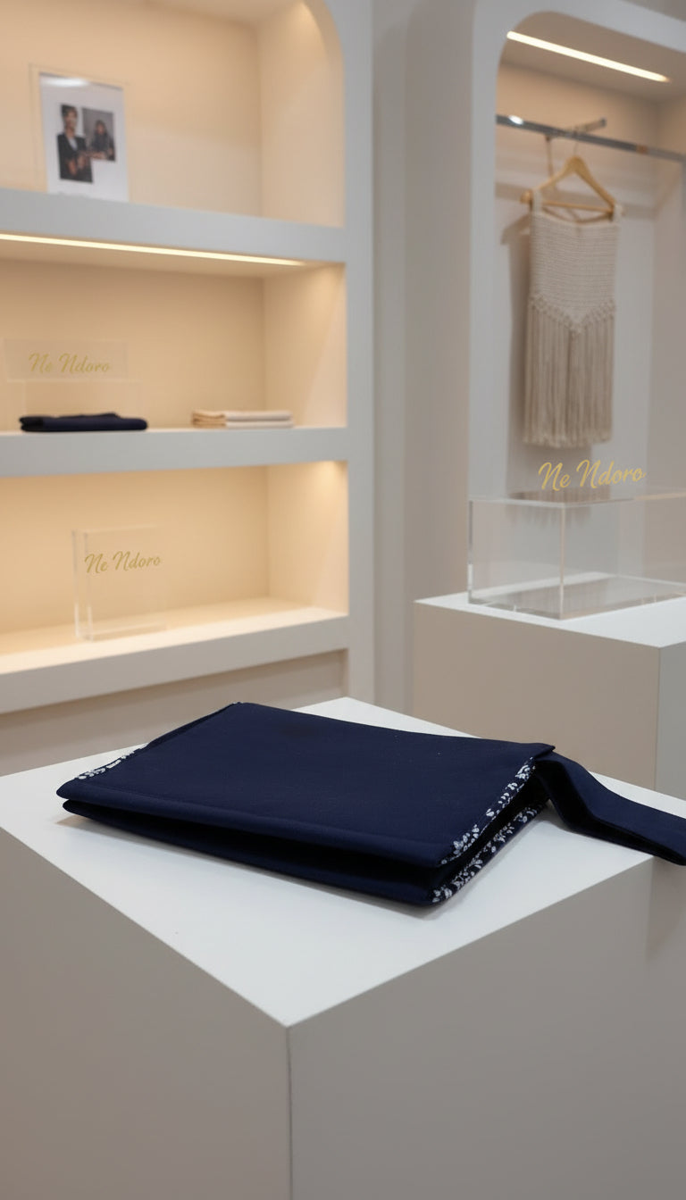 Backside. Navy fabric on a white surface with shelves and a mirror in the background